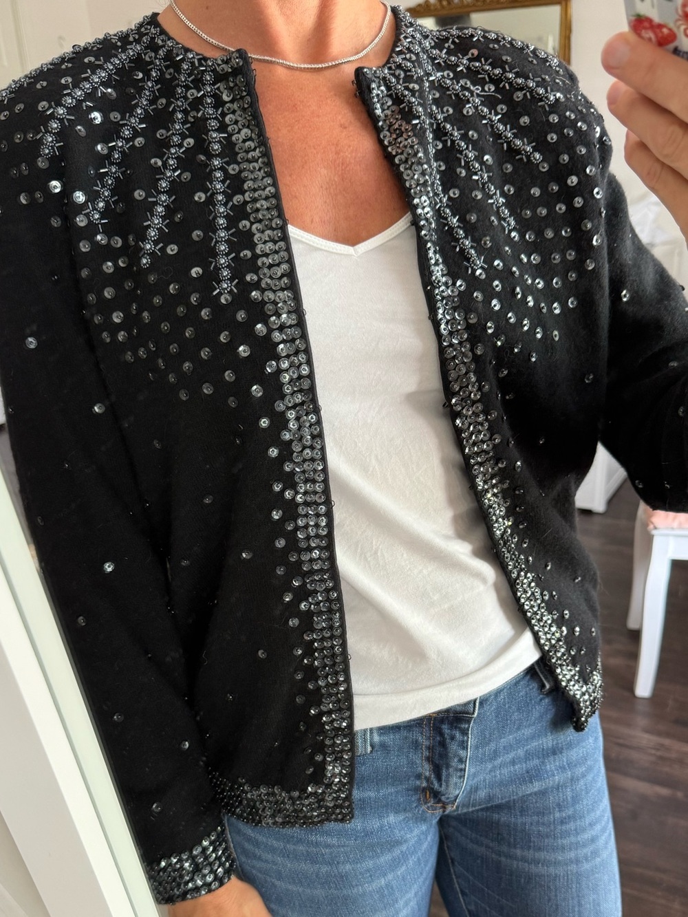 Vintage Anne Klein II Black Lambswool Angora Sequin Beaded Cardigan Sweater M Ho